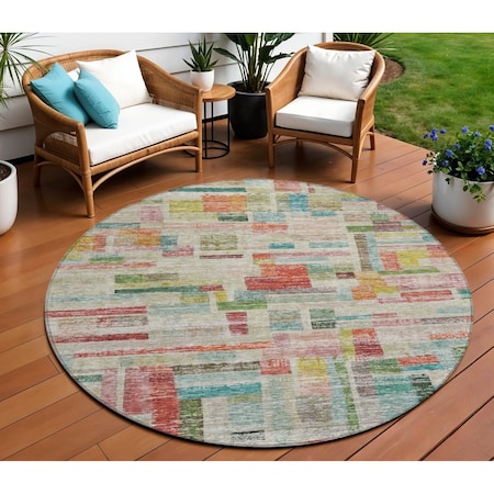 Homeroots 8' Terra Cotta Green And Brown Round Striped Washable Indoor Outdoor Area Rug 603523