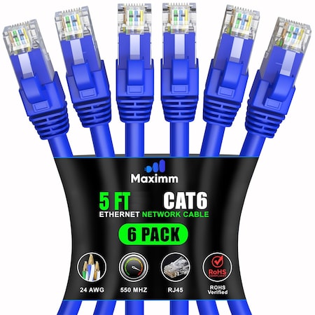 Maximm Cat6 Ethernet Cable 5ft 10Gbps 550MHz UTP, 6PK, Blue, 6PK BL6PK07