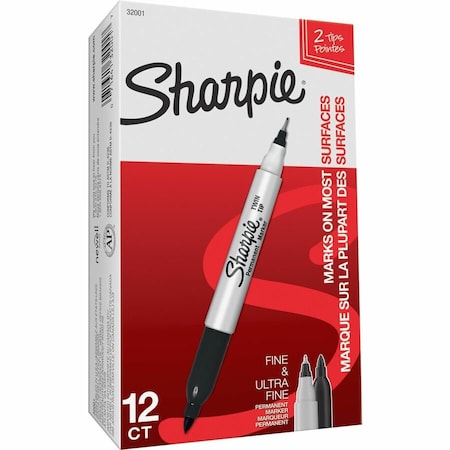 Sharpie Twin-Tip Permanent Marker, Extra-Fine/Fine Bullet Tips, Black, PK12 32001
