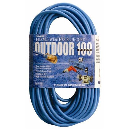 Southwire SJTW Extension Cord, 14 AWG, Outdoor, 14/3, 1 Outlets, Blue, Vinyl, 100 ft CO310088