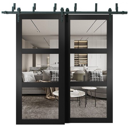 Sartodoors Sliding Closet Barn Bypass Doors, Lucia 2555 Matte Black with Clear Glass, Sturdy 6.6ft Rails Hard LUCIA2555BBB-BLK-60