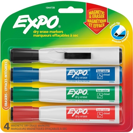 Expo Magnetic Dry Erase Markers with Eraser, Chisel Tip, Assorted, 4-Colors Per Set, 3PK 1944728