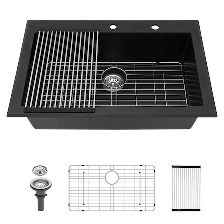 Wrightmaster 33 in. Drop-In 2-Hole Single Bowl Granite Composite Kitchen Sink with Accessories ZOR-P178359