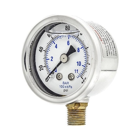 Zoro Select Pressure Gauge, 1/4 in NPT, Bottom Location 20TU83