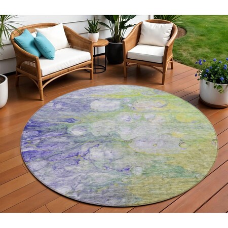 Homeroots 8' Artichoke Green Purple And Lilac Round Abstract Washable Indoor Outdoor Area Rug 582148