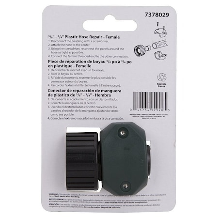 Landscapers Select Hose Coupling, 5/8 to 3/4 in, Female, Plastic, Green and Black GC5303L