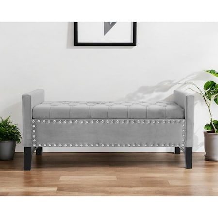 Homeroots 50" Light Gray and Black Upholstered Velvet Bench with Flip top 530655