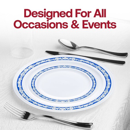 Smarty Had A Party 10.25" White with Blue and Silver Royal Rim Plastic Dinner Plates (120 Plates), 120PK 970BLS-CASE