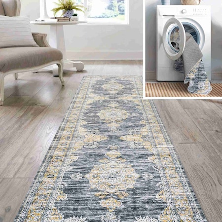Jonathan Y Bausch Bohemian Distressed Chenille Non-Slip Machine-Washable Dark Gray/Yellow 2ft x 8ft Runner Rug WSH201C-28