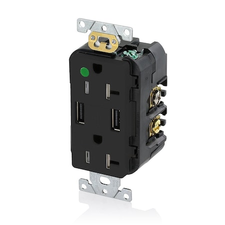 Leviton USB Charger/Duplex Tamper-Resistant Receptacle, Hospital Grade, 3.6/20 Amp, 125 Volt, Black T5832-HGE
