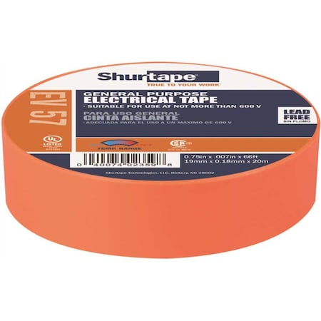 Shurtape EV 57 General Purpose Electrical Tape, UL Listed, ORANGE, 7 mils, 3/4 in. x 66 ft. 200787
