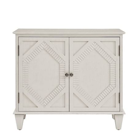 Homeroots 34in White Wood Carved Geometric Accent Cabinet With Two Doors 691653
