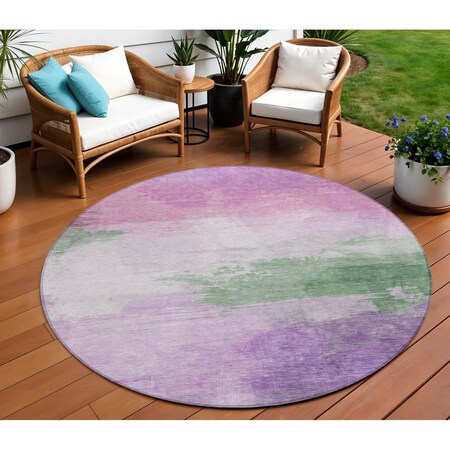 Homeroots 8' Lilac Lavender And Green Round Abstract Washable Indoor Outdoor Area Rug 611272