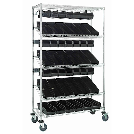 Quantum Storage Systems WIRE CART SLANT SHELVES WITH 38 BINS WRCSL5-74-1836-104230BK