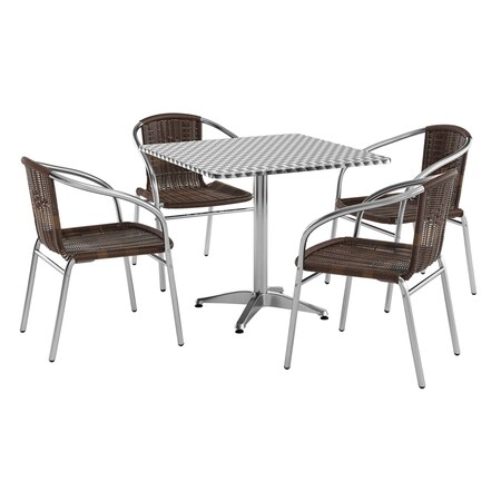 Flash Furniture Square Table Set, Aluminum, Plastic, Rattan, Stainless Steel, Grey TLH-ALUM-32SQ-020CHR4-GG