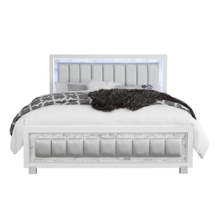 Homeroots Modern Luxurious White Queen Bed With Padded Headboard  Led Lightning 383862