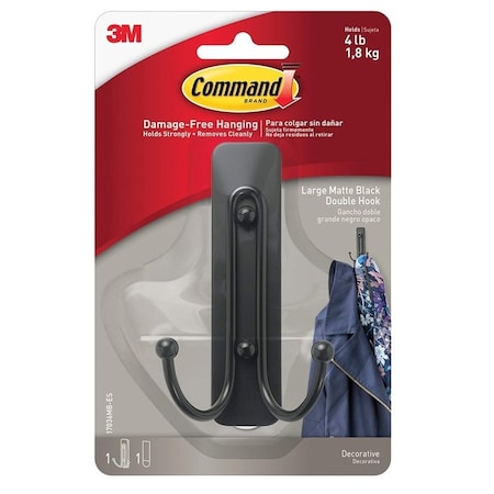Command Large Decorative Double Hook, 5 lb, 1-Hook, Metal/Plastic, Black, Matte 17036MB-ES