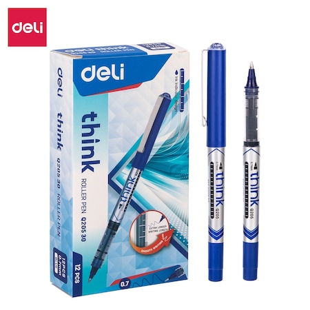 Deli THINK Rollerball Pen 0.7mm, Blue Ink, Capped, 1100m, 12PK EQ20530