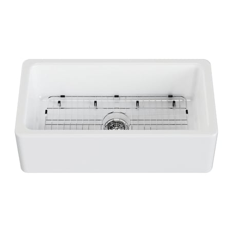Kingston Brass 33" Fireclay Single Bowl Farmhouse Kitchen Sink with Bottom Grid and Strainer, Glossy White KGPF331810YBC