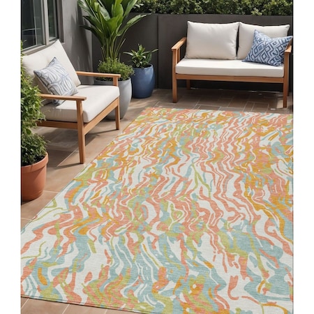Homeroots 5' X 8' Coral Green And Copper Abstract Washable Indoor Outdoor Area Rug 600283