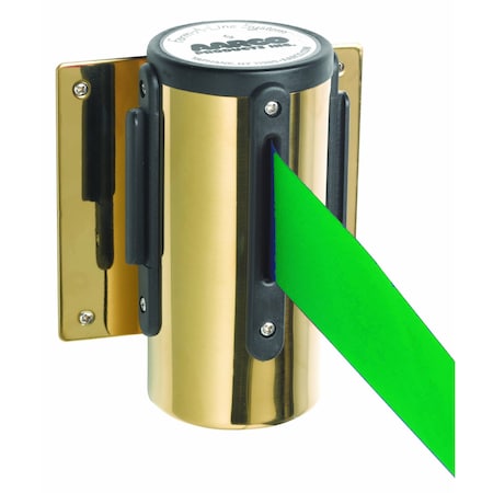 Aarco Form-A-Line System, Wall Mounted Retractable Belt w/ a Brass Casing, 7' Green Belt WM-7BGR