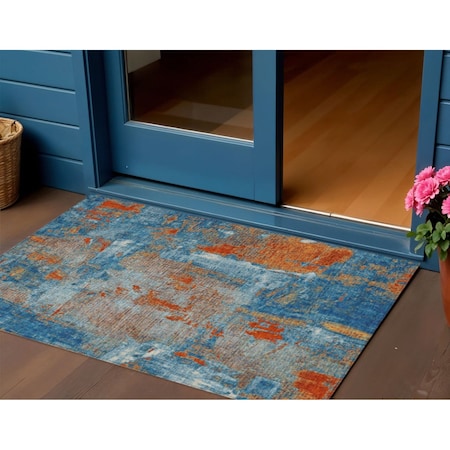 Homeroots 3' X 5' Navy Blue Orange And Ivory Abstract Washable Indoor Outdoor Area Rug 596878