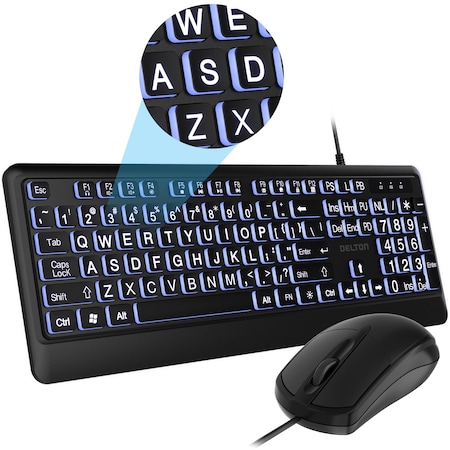 Delton KBM20 Wired Large Big-Button/Big-Key Backlit Keyboard and Mouse Combo, Black G20