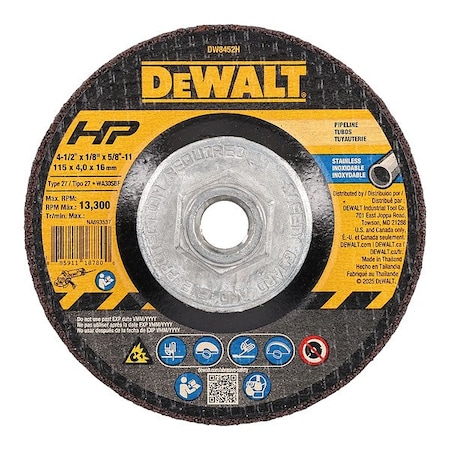 Dewalt Cut-Off & Grinding Wheel, Type 27, 4 1/2 in Dia, 0.125 in Thick, 5/8"-11 Arbor Hole Size, 30 Grit DW8452H