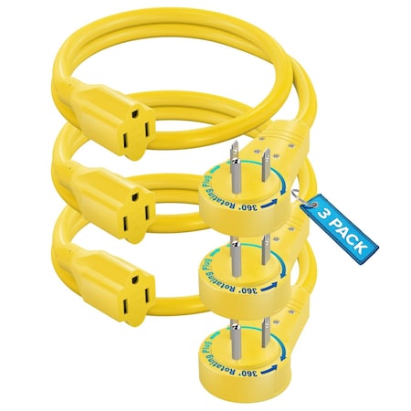 Maximm 0.5ft 16AWG 360 degrees Flat Plug Extension Cord, 3-Prong Grounded, UL, 3PK, Yellow, 3PK ADW-360-31.6-3PK-Y