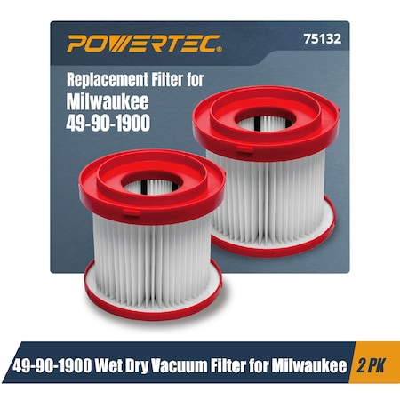 Powertec 49-90-1900 Cartridge Filter for Milwaukee M18 0880-20, 0970-20&M12 0960-20 Wet/Dry Vacuum, HEPA, 2PK 75132