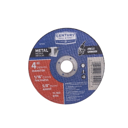 Century Drill & Tool Abrasive Cut-Off Wheel, Type 1A, 4 in Dia, 1/16 in Thick, 5/8 in Arbor Hole Size, Aluminum Oxide 75512
