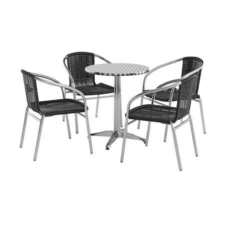 Flash Furniture Round Table Set, Aluminum, Plastic, Rattan, Stainless Steel, Grey TLH-ALUM-24RD-020BKCHR4-GG
