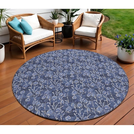 Homeroots 8' Navy Blue Denim Blue And Ivory Round Floral Washable Indoor Outdoor Area Rug 581908