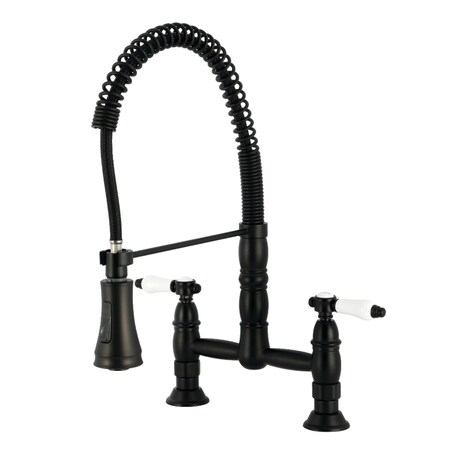 Kingston Brass Double-Handle Deck-Mount Pre-Rinse Bridge Kitchen Faucet, Matte Black GS1270BPL