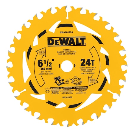 Dewalt Circular Saw Blade, 6.5 in dia. DWA261224