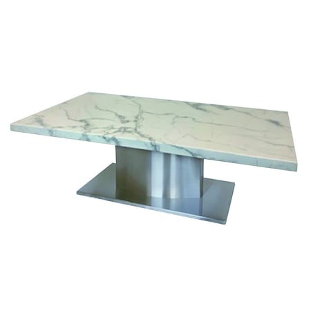 Homeroots 51" White And Silver Genuine Marble And Stainless Steel Pedestal Coffee Table 554309