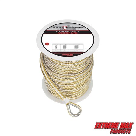Extreme Max 3006.2249 BoatTector Premium Double Braid Nylon Anchor Line w Thimble-3/8" x 200' &Gold 3006.2249