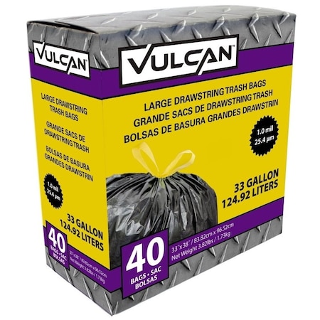 Vulcan Trash Bag, 33 gal Capacity, Black FG-O3812-03