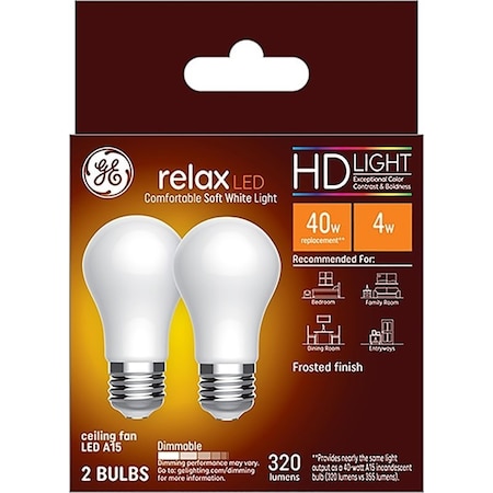 Ge Relax Replacement Bulb, High-Definition, A15 Lamp, 40 W Equivalent, Medium E26, Dimmable, White, PK2 31374