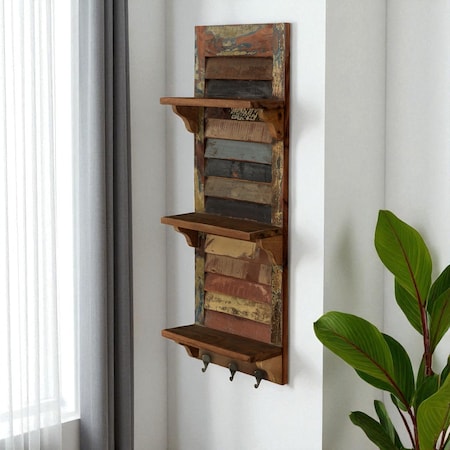 Homeroots 34" Brown And Multi Patina Reclaimed Wood Wall Mounted Shelf With Hooks 522823