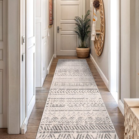 World Rug Gallery Geometric Boho Runner Rug 2 ft 7 in x 12 ft Gray MON843GRAY27X12