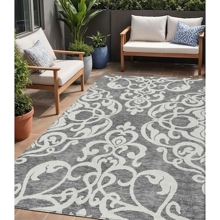 Homeroots 5' X 8' Gray And Ivory Damask Washable Indoor Outdoor Area Rug 614432