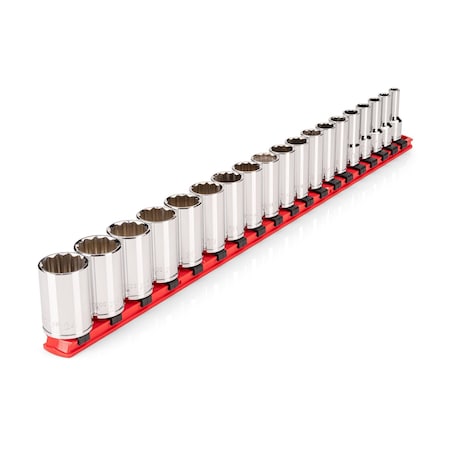 Tekton 3/8 Inch Drive Semi-Deep 12-Point Socket Set with Rail, 19-Piece (6 - 24 mm) SHD91122