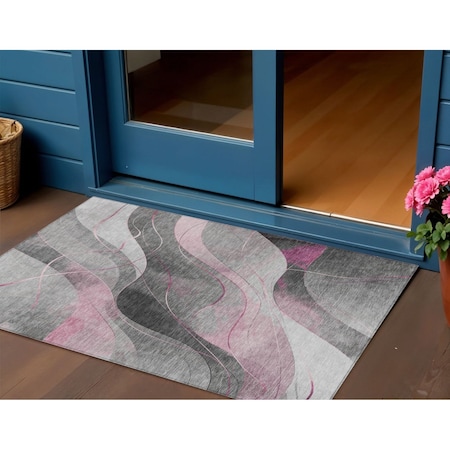 Homeroots 3' X 5' Pink Gray And Silver Abstract Washable Indoor Outdoor Area Rug 616760