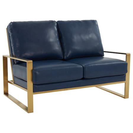 Leisuremod Jefferson Leather Loveseat with Gold Frame, Navy Blue JAG53NBU-L