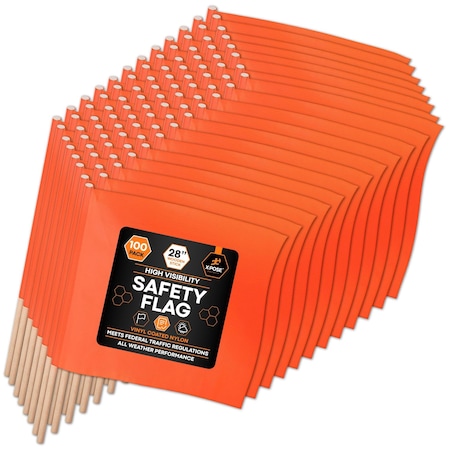Xpose Safety 18in x 18in Orange Warning/Safety Flag with 28in Wood Staff, 100PK WF28-18-100-X