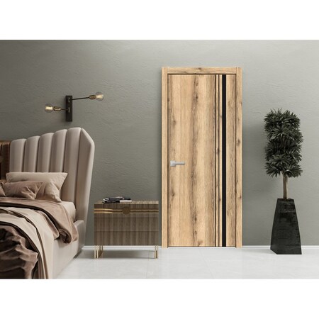 Sartodoors Modern Wood Interior Door with Hardware, Planum 0011 Oak and Aluminum Strips, Single Panel Frame Tr PLANUM0011ID-DUB-18
