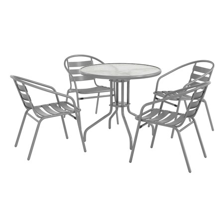 Flash Furniture Lila 31.5in Round Glass Top Metal Table with 4 Silver Aluminum Slat Stack Chairs TLH-072RD-017CSV4-GG
