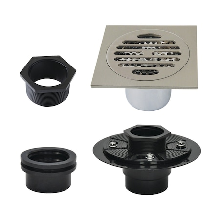 Kingston Brass 4" Brass Square Grid Shower Drain with Hair Strainer and Base Flange, Brushed Nickel BSFK4262BN