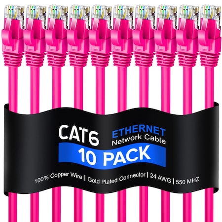 Maximm Cat6 Ethernet Cable 4ft 10Gbps 550MHz UTP, 10PK, Pink, 10PK CAT6-4PN-10PK